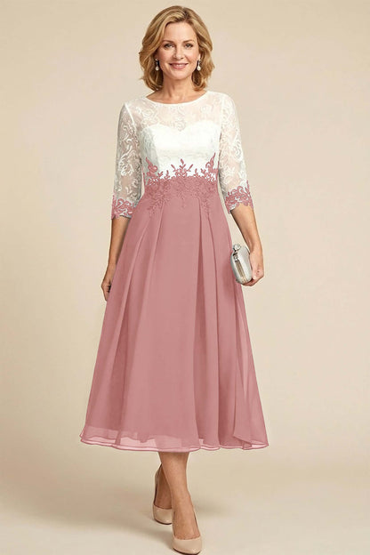 Navy Blue 3/4 Sleeve Two-Tone Lace Chiffon Mother Dresses