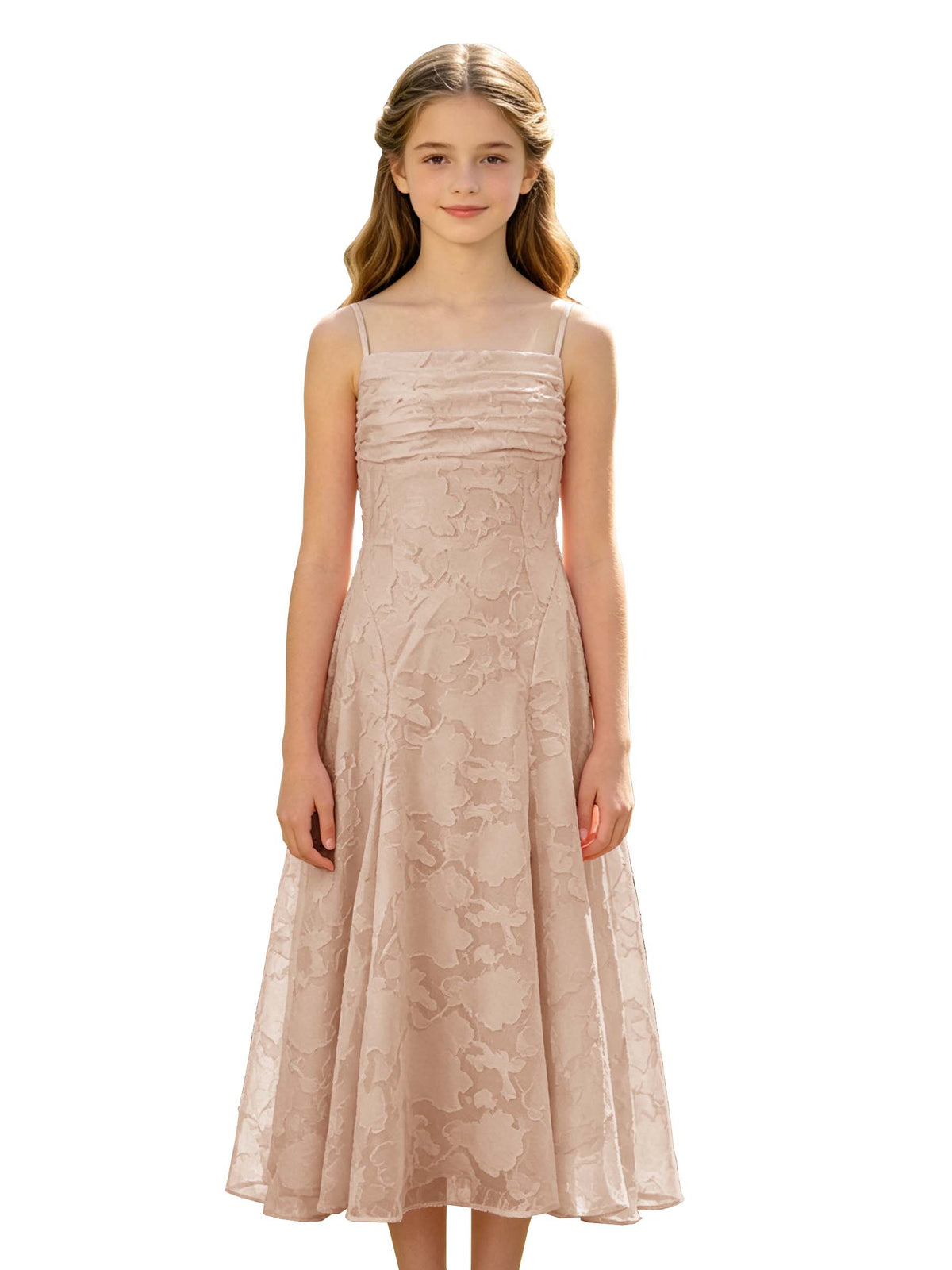 Elegant Pink Floral Jacquard A-Line Flower Girl Dress with Spaghetti Straps