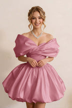 Ivory Off-the-Shoulder Bubble Hem Satin Homecoming Dresses