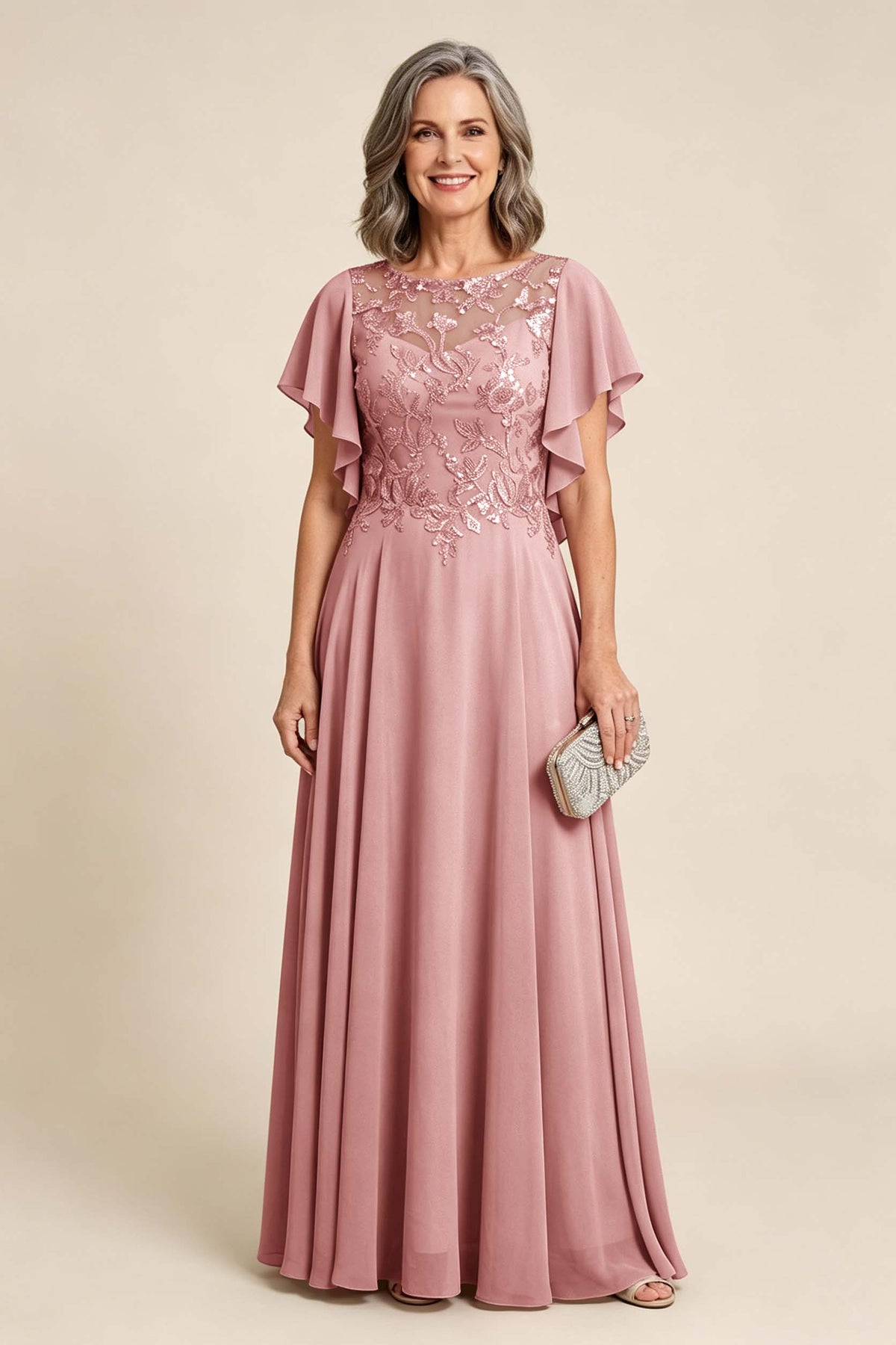 Lilac Scoop Neck Flutter Sleeve Lace Appliques Chiffon Mother Dresses