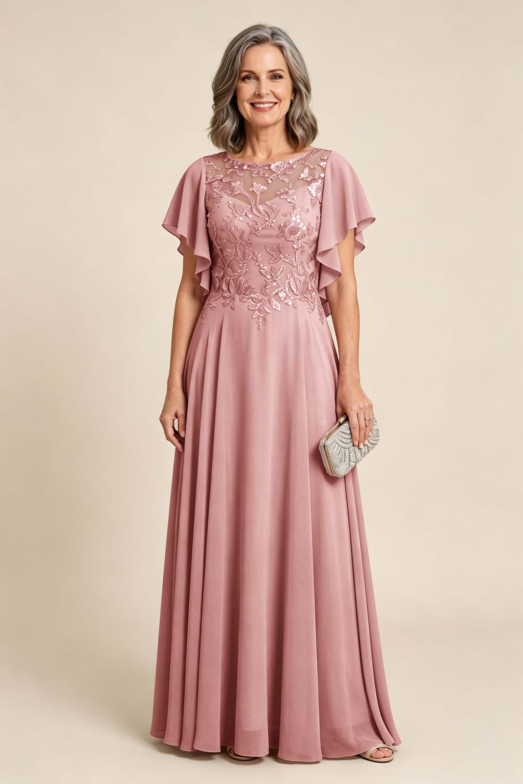 Lilac Scoop Neck Flutter Sleeve Lace Appliques Chiffon Mother Dresses