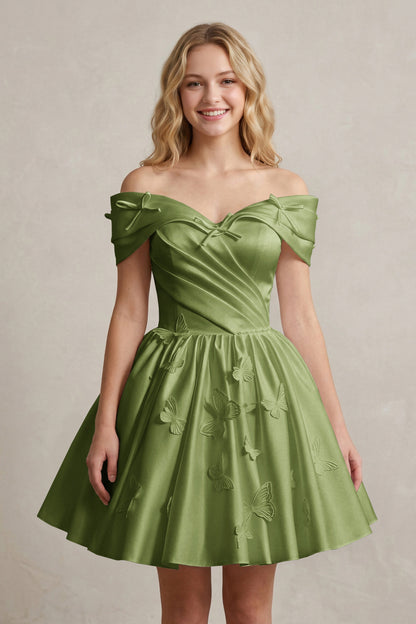 A Line Off Shoulder Ivory Satin Short Homecoming Dresses
