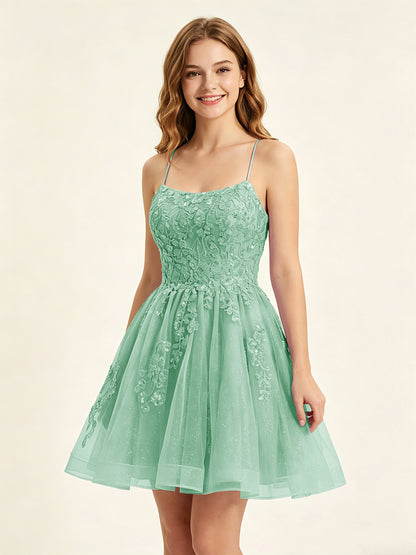 A Line Sequins Lilac Tulle Homecoming Dresses with Appliques