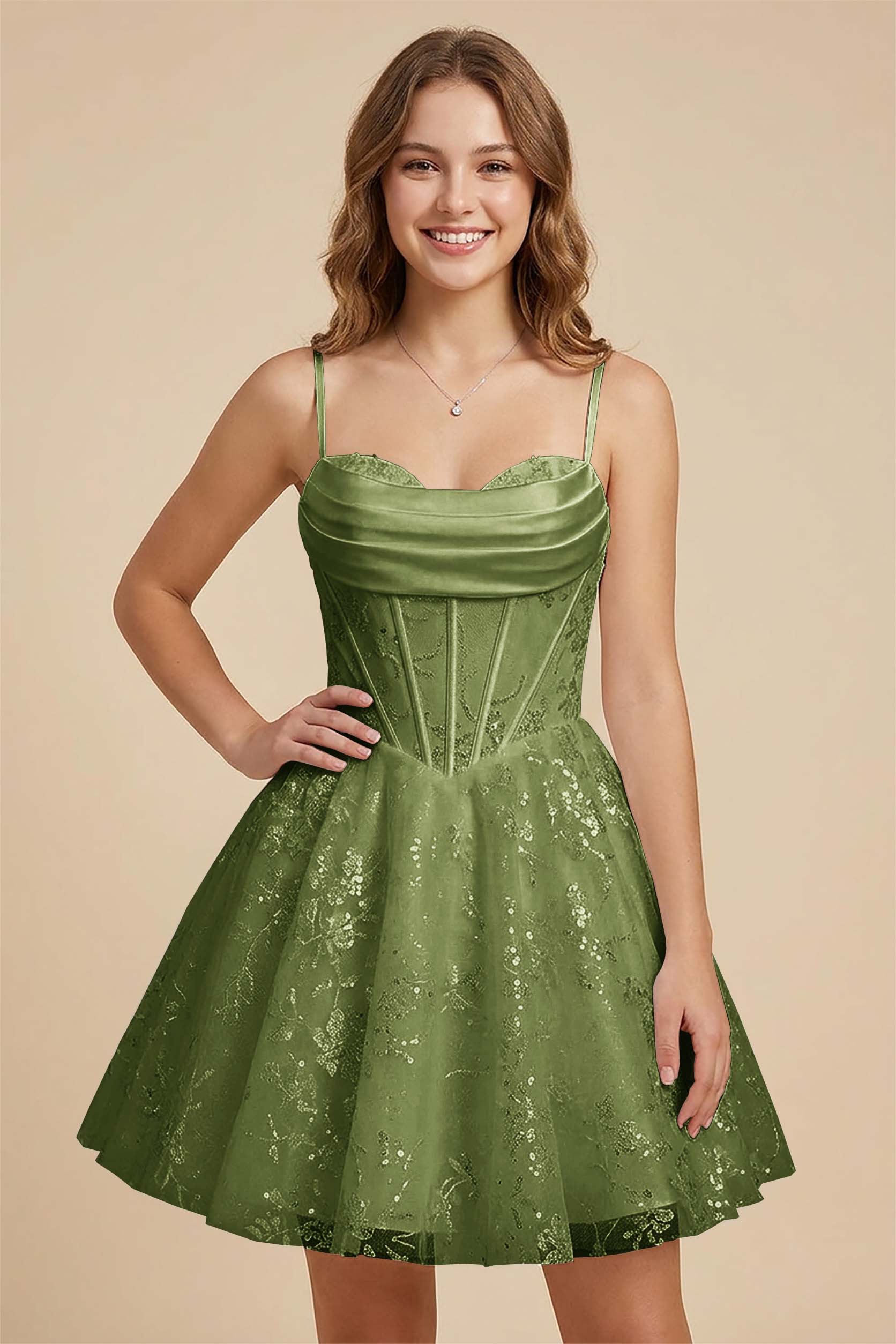 White Cowl Neck Sequin Satin Corset Homecoming Dresses