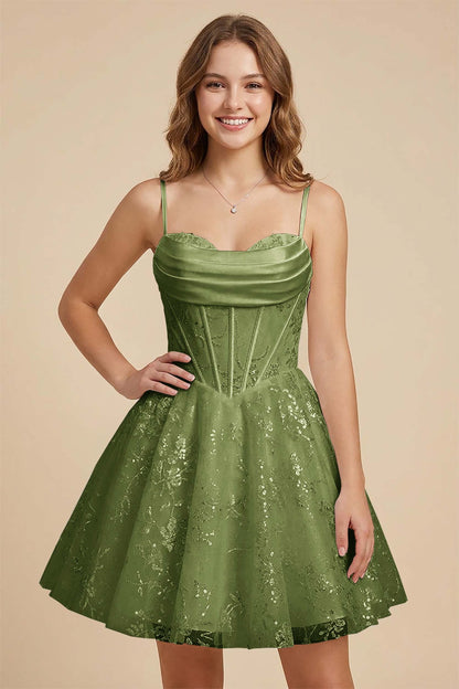 White Cowl Neck Sequin Satin Corset Homecoming Dresses