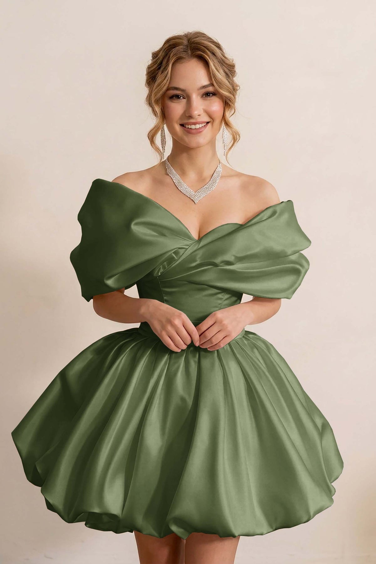 Ivory Off-the-Shoulder Bubble Hem Satin Homecoming Dresses
