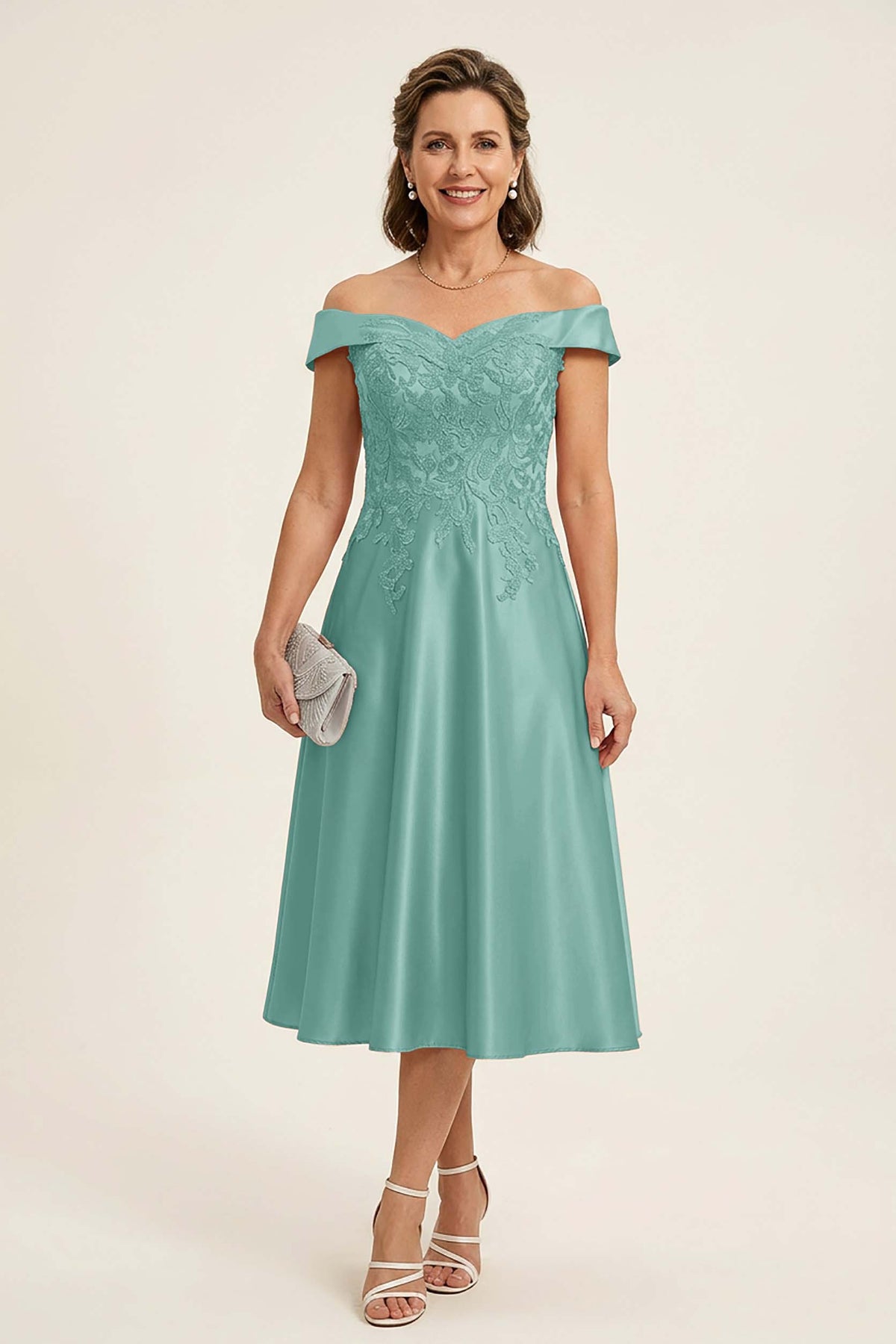 Peach Pink Off Shoulder Imitation Stretch Satin Tea-Length Mother Dresses