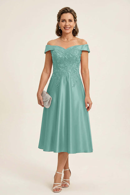 Peach Pink Off Shoulder Imitation Stretch Satin Tea-Length Mother Dresses