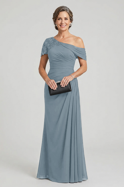 Black One-Shoulder Beaded Ruched Chiffon Mother Dresses