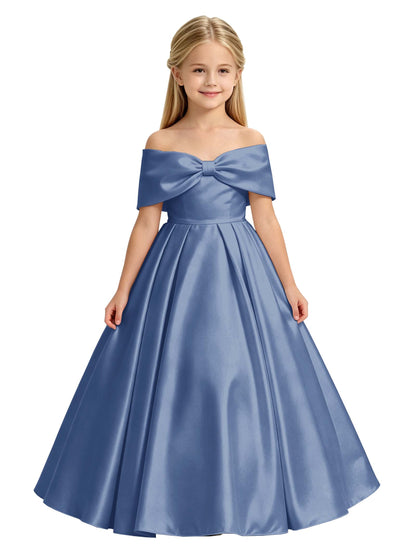 Off-the-Shoulder Satin Ball Gown Flower Girl Dress with Big Back Bow