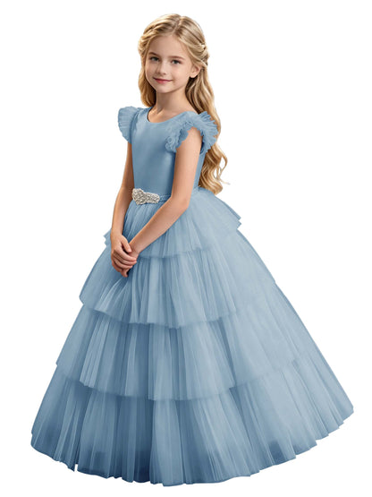 Sky Blue Tiered Tulle Flower Girl Dress with Rhinestone Belt & V-Back