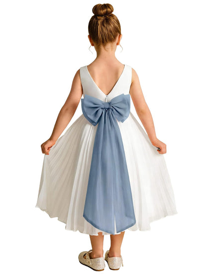 Elegant A-Line Pleated Chiffon Flower Girl Dress with Big Bow Sash