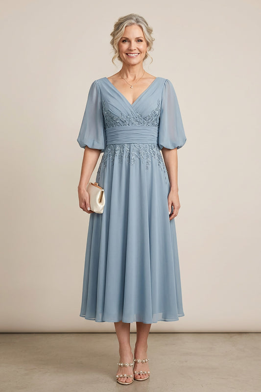 Dusty Blue V-Neck Lace Chiffon Tea-Length Mother Dresses