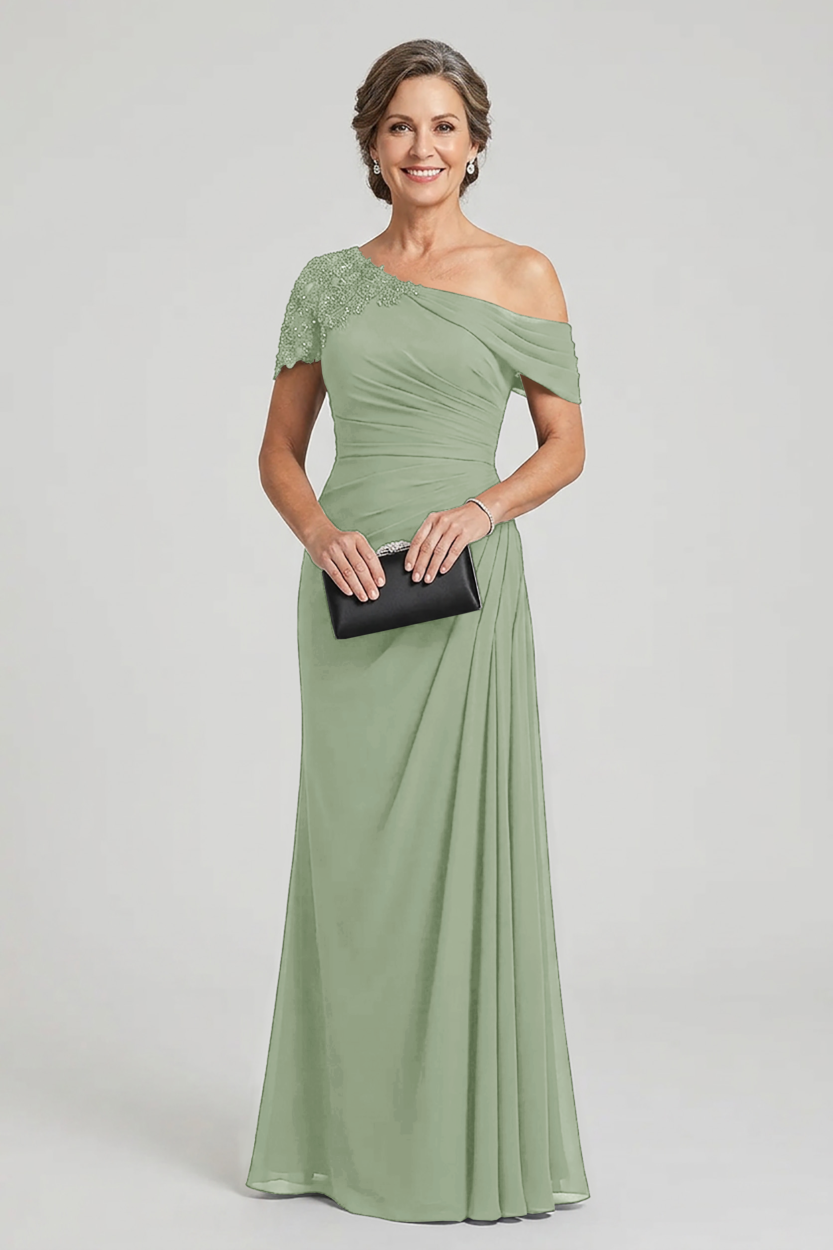Black One-Shoulder Beaded Ruched Chiffon Mother Dresses
