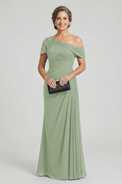 Black One-Shoulder Beaded Ruched Chiffon Mother Dresses