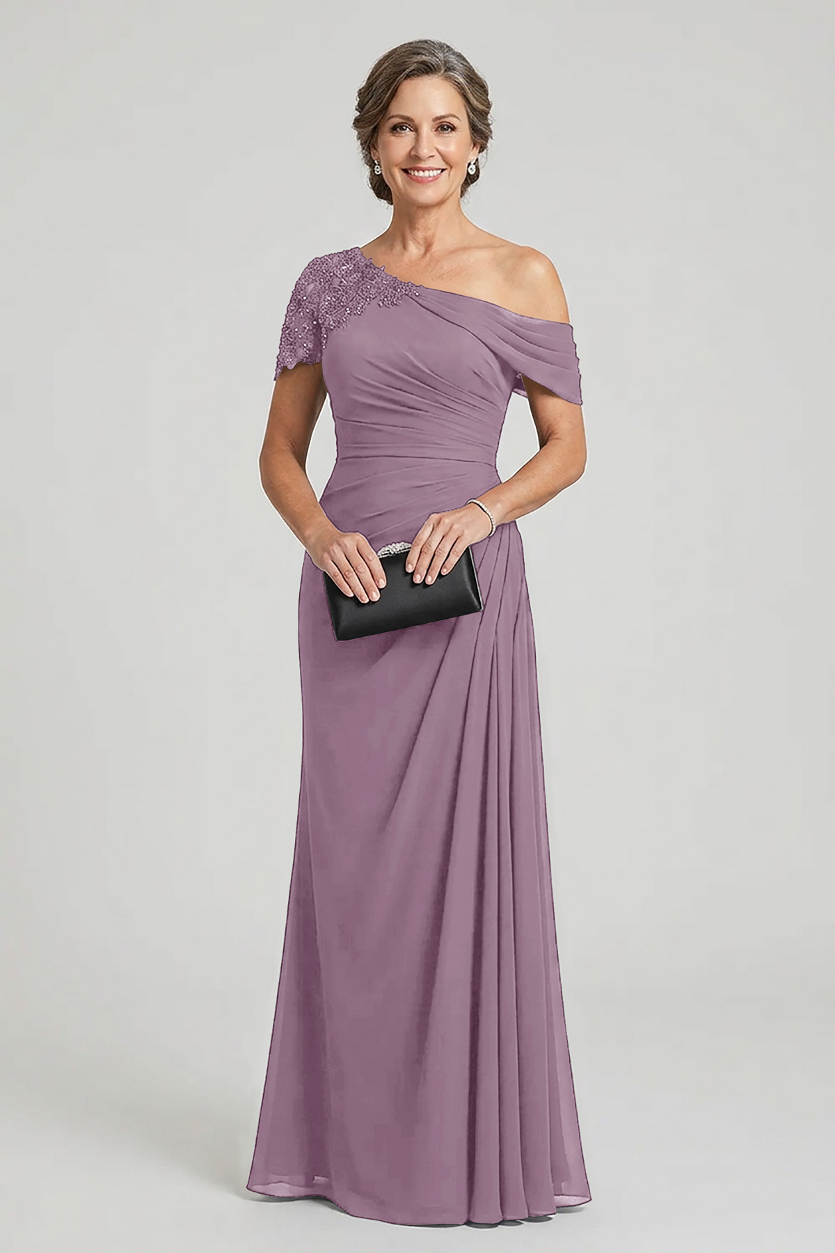 Black One-Shoulder Beaded Ruched Chiffon Mother Dresses