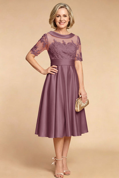 Champagne Imitation Stretch Satin Elbow Sleeve Tea-Length Mother Dresses