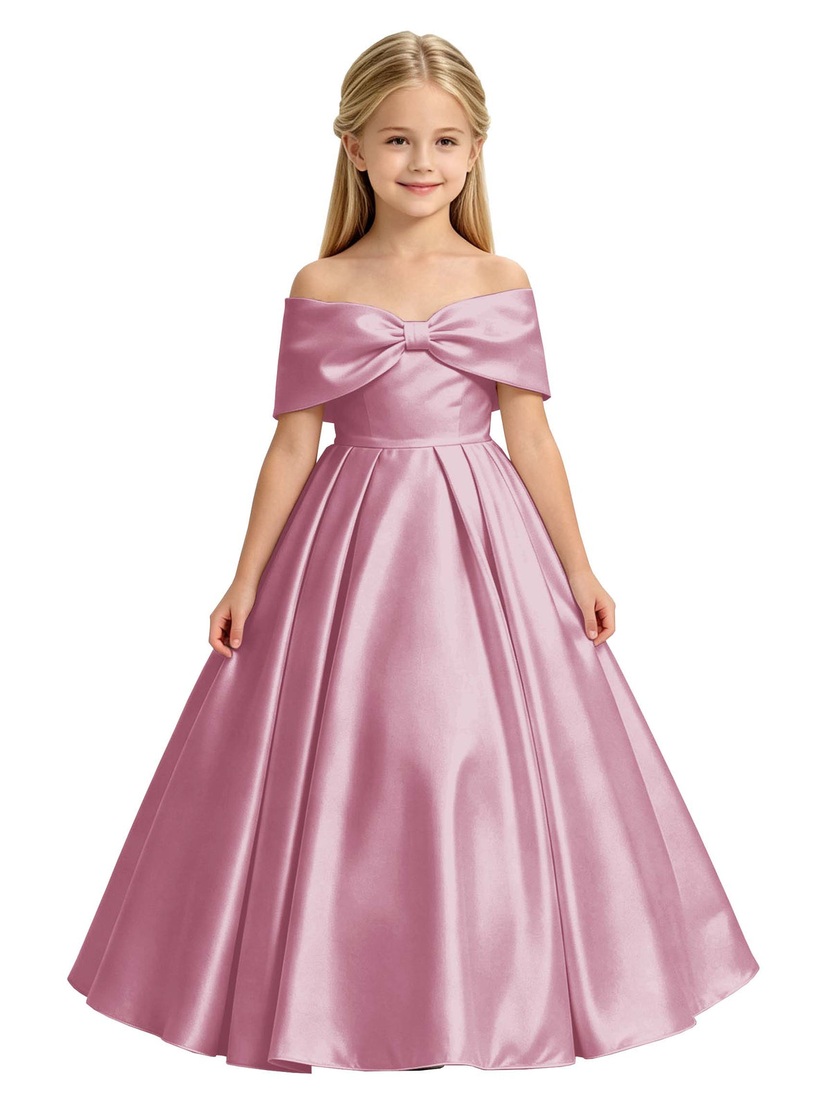 Off-the-Shoulder Satin Ball Gown Flower Girl Dress with Big Back Bow