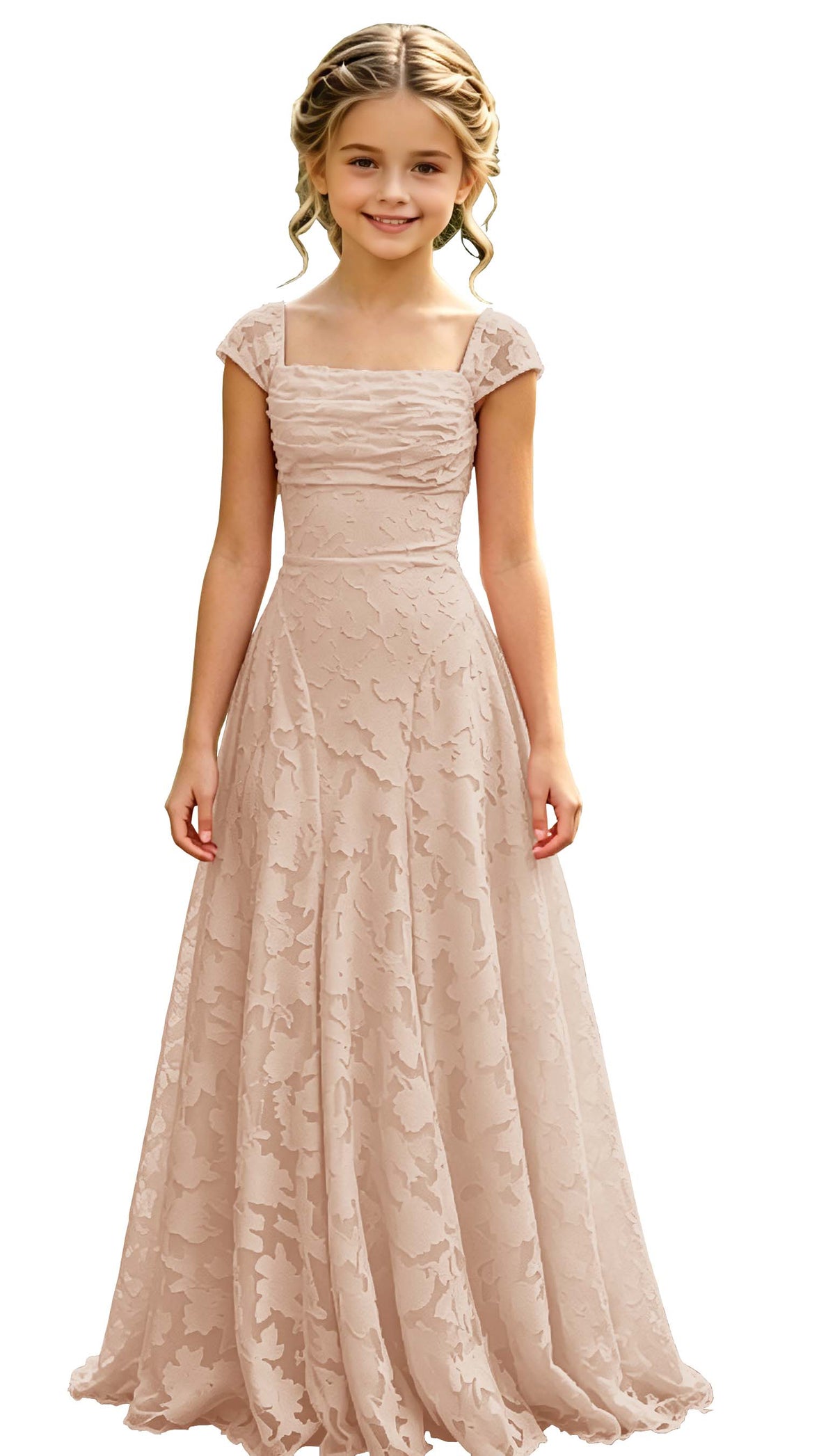 Elegance Blush Pink Lace Cap Sleeve A-Line Flower Girl Dress with Lace-Up Back
