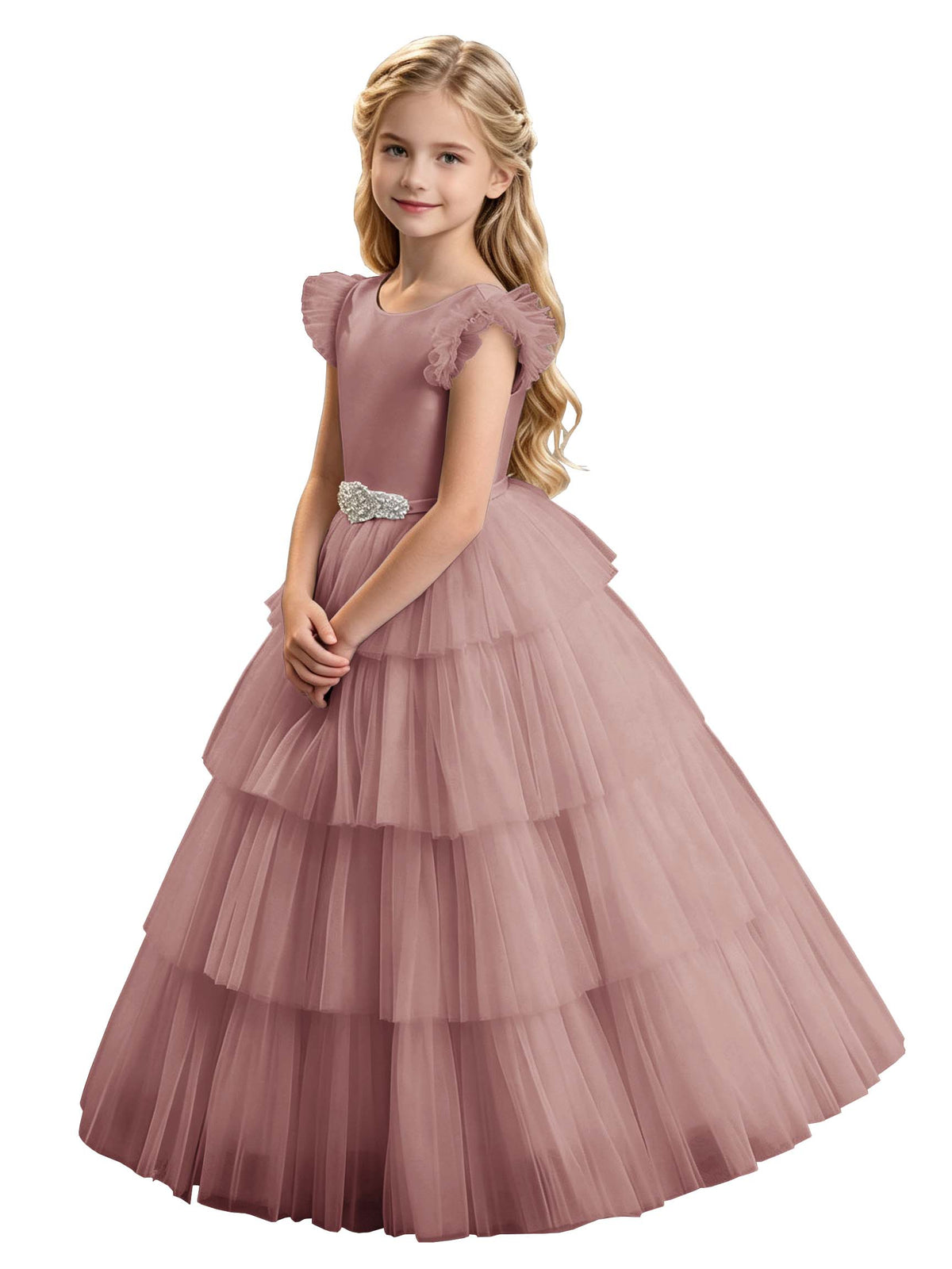 Sky Blue Tiered Tulle Flower Girl Dress with Rhinestone Belt & V-Back