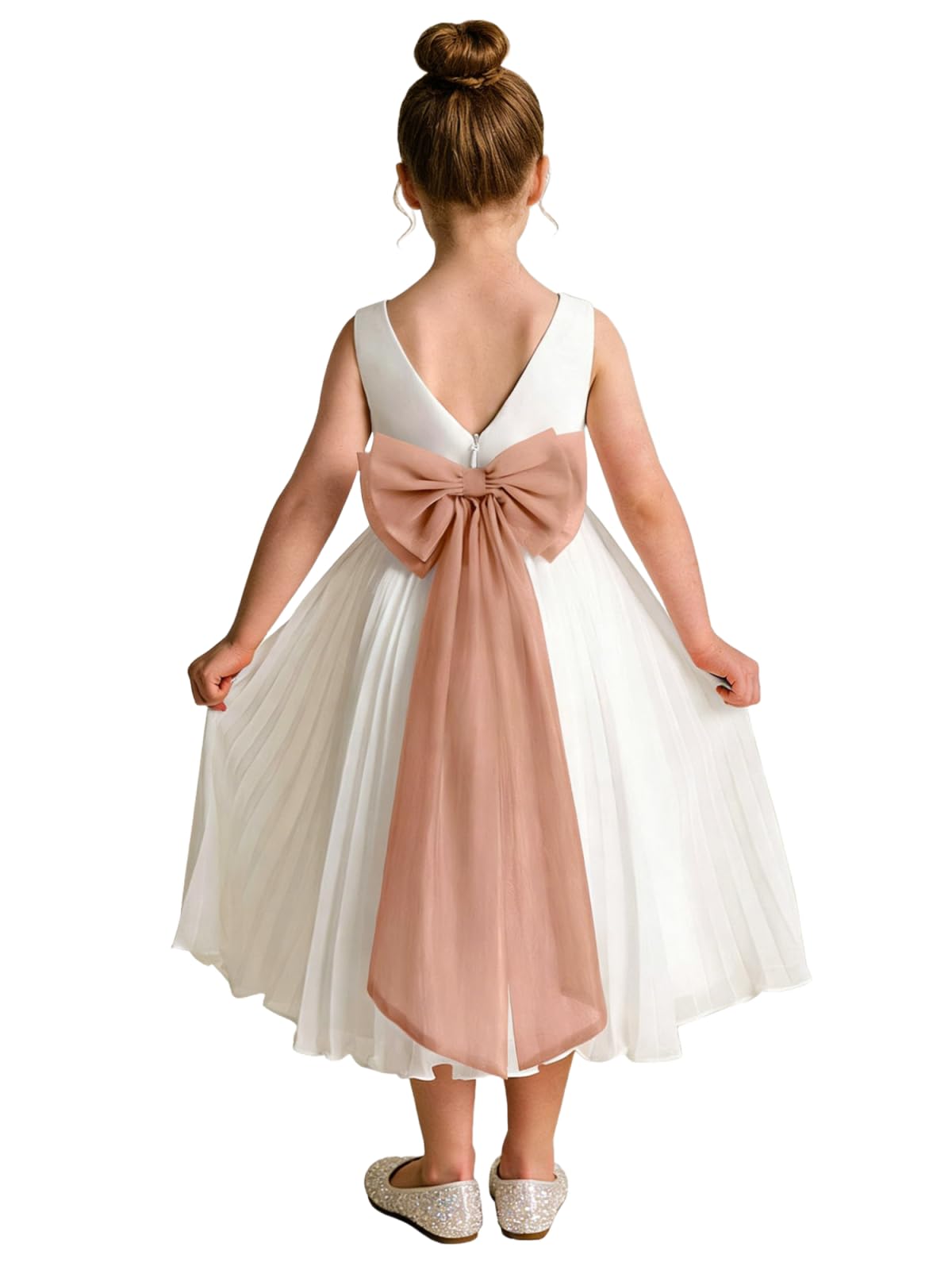 Elegant A-Line Pleated Chiffon Flower Girl Dress with Big Bow Sash