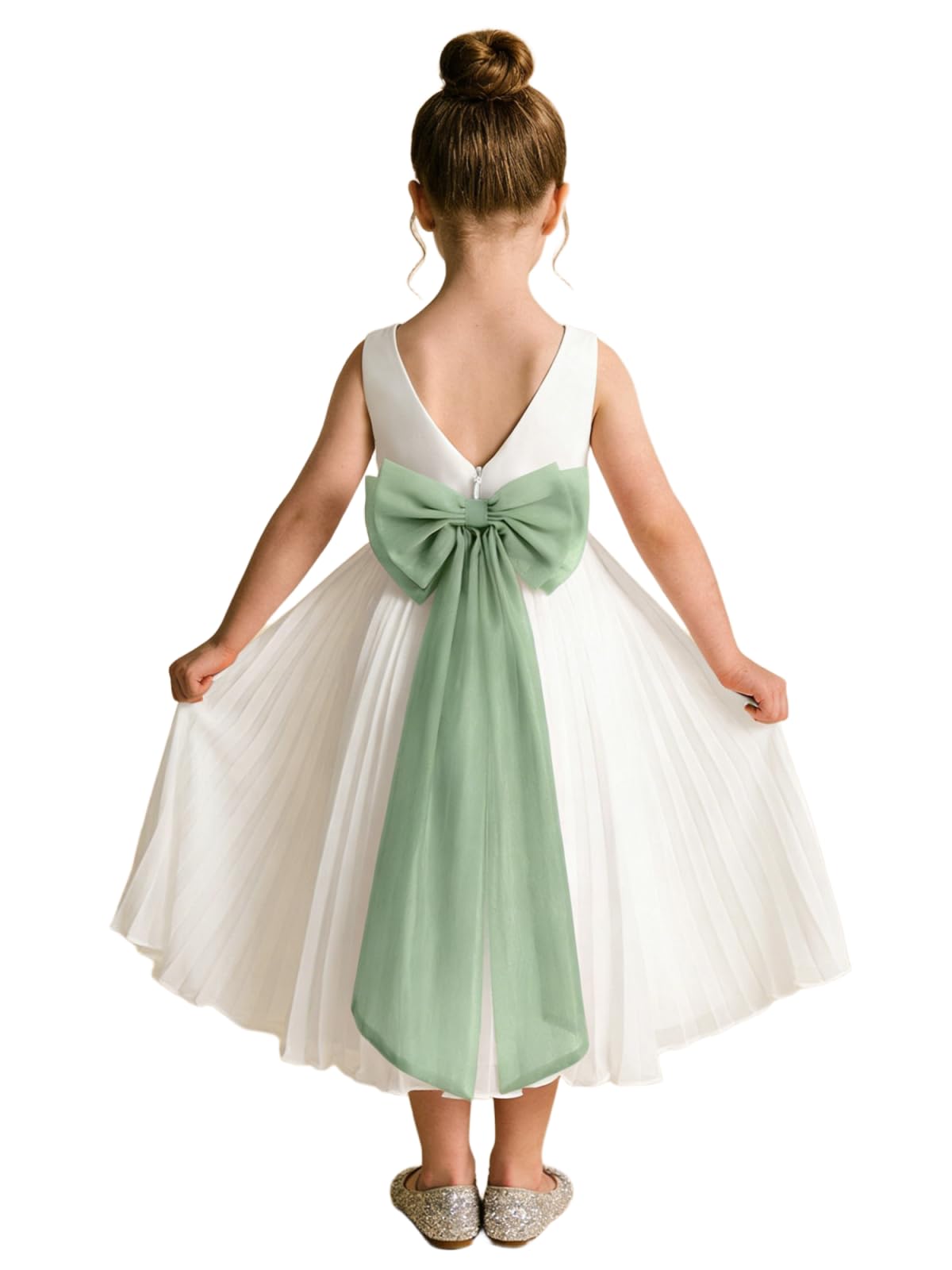 Elegant A-Line Pleated Chiffon Flower Girl Dress with Big Bow Sash