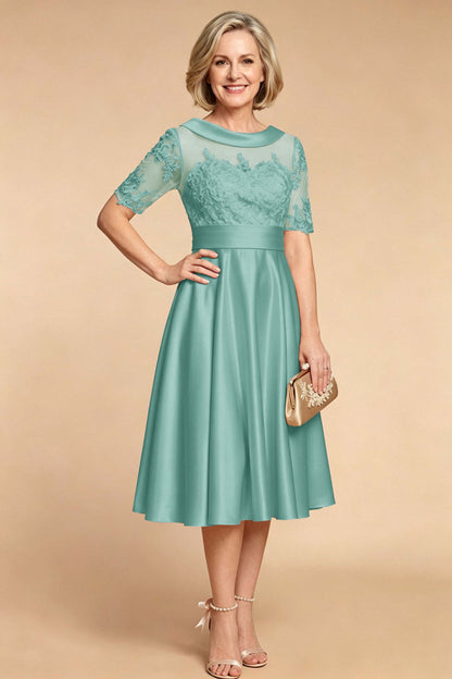 Champagne Imitation Stretch Satin Elbow Sleeve Tea-Length Mother Dresses