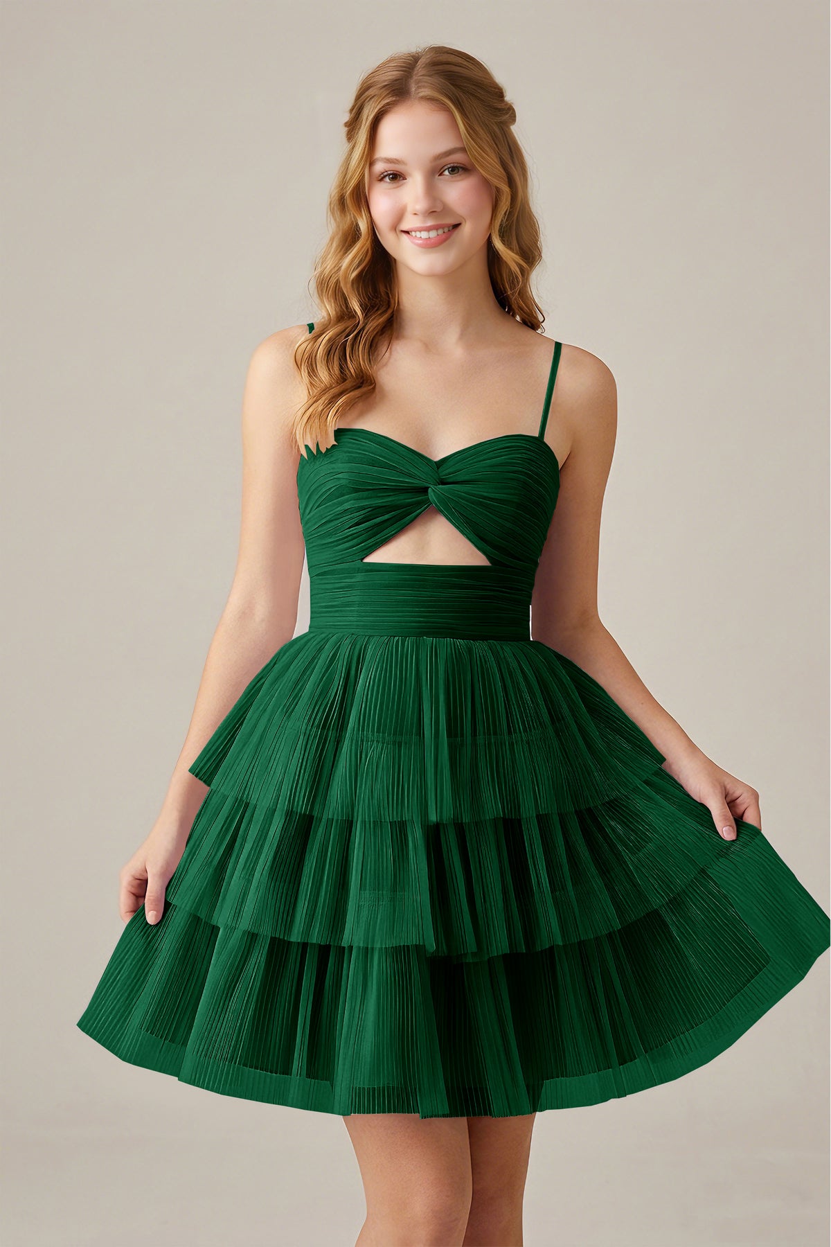 Olive Green Sleeveless Pleated Tulle Cutout Tiered Homecoming Dresses