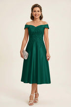Peach Pink Off Shoulder Imitation Stretch Satin Tea-Length Mother Dresses