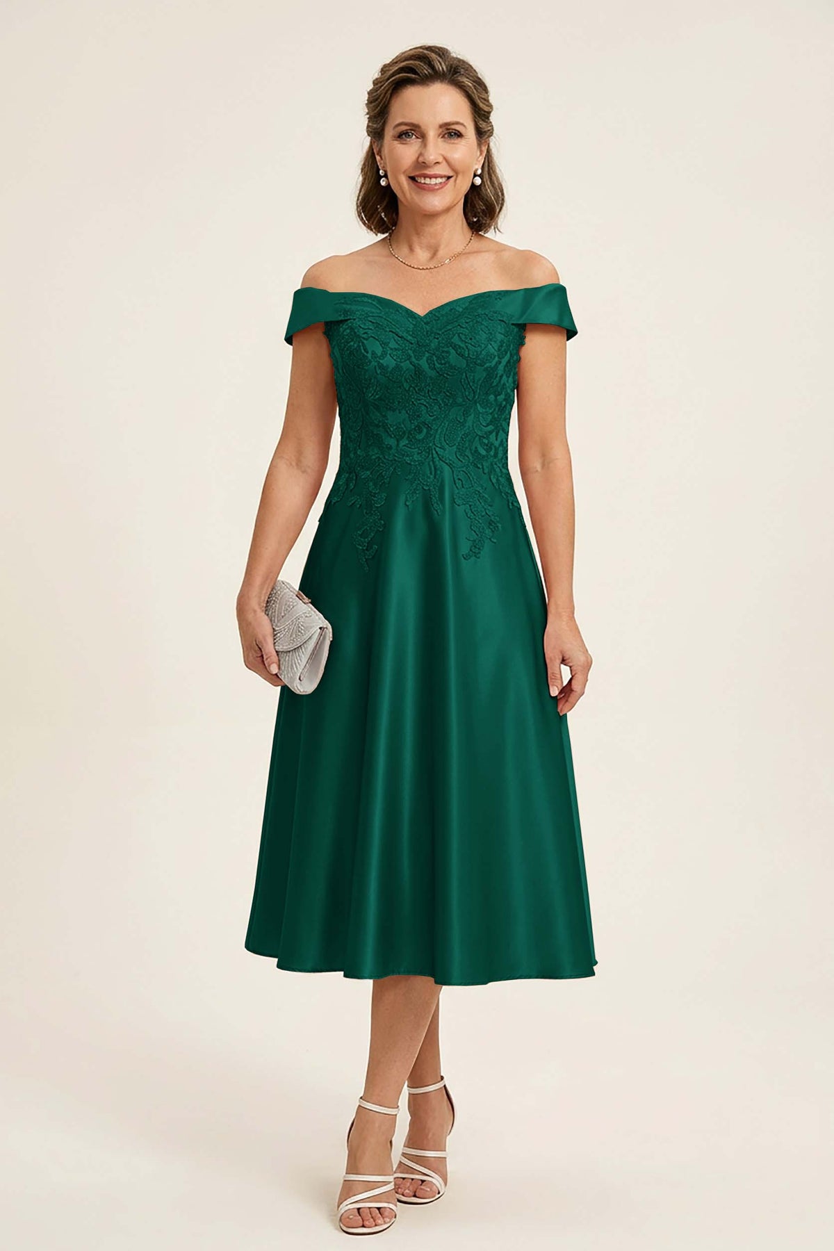 Peach Pink Off Shoulder Imitation Stretch Satin Tea-Length Mother Dresses