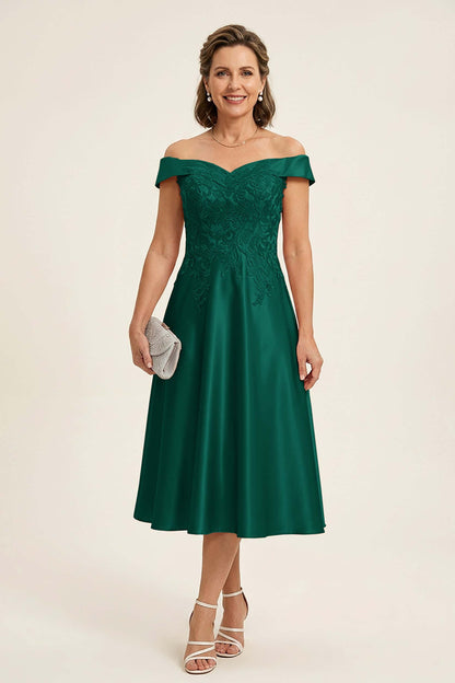 Peach Pink Off Shoulder Imitation Stretch Satin Tea-Length Mother Dresses