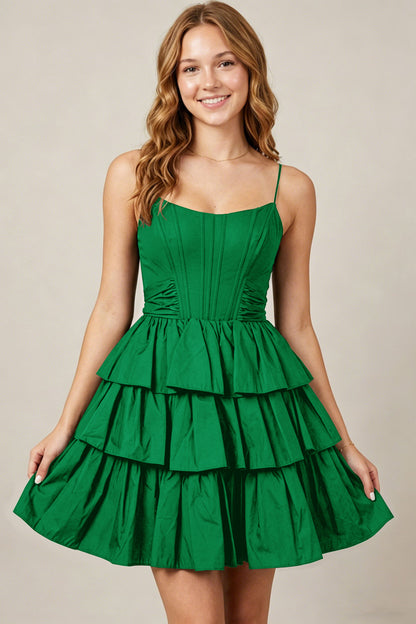Spaghetti Straps Black Taffeta Tiered Mini Homecoming Dresses
