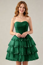 Strapless Light Blue Tulle Tiered Homecoming Dresses with Beaded Lace Trim