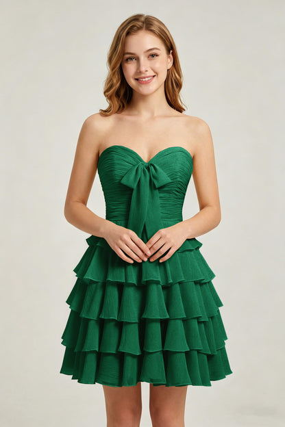 Strapless Yellow Chiffon Tiered Short Homecoming Dresses with Bow
