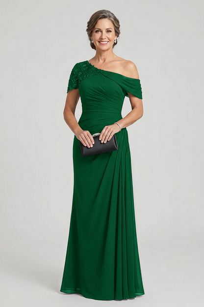 Black One-Shoulder Beaded Ruched Chiffon Mother Dresses