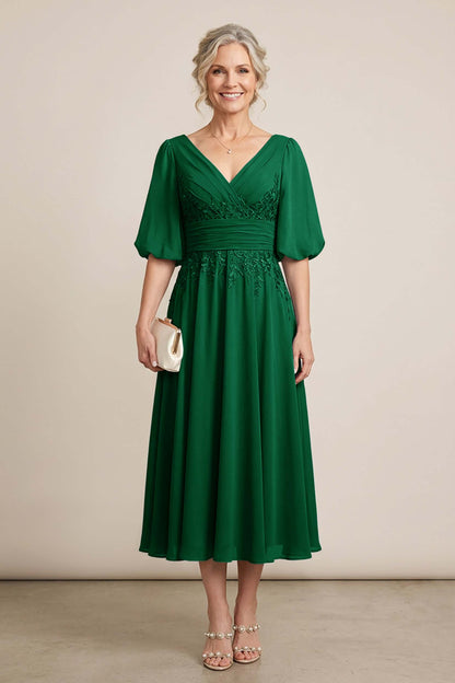 Dusty Blue V-Neck Lace Chiffon Tea-Length Mother Dresses