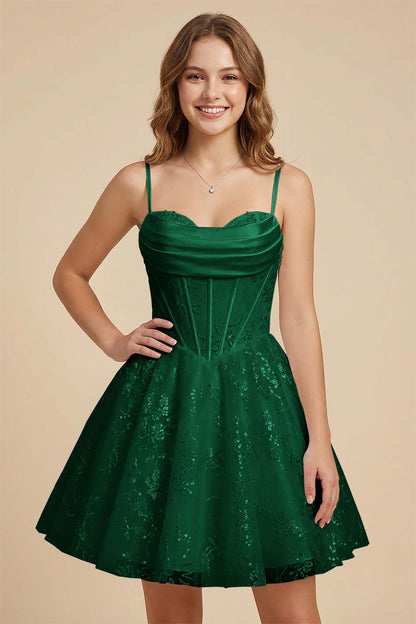 White Cowl Neck Sequin Satin Corset Homecoming Dresses