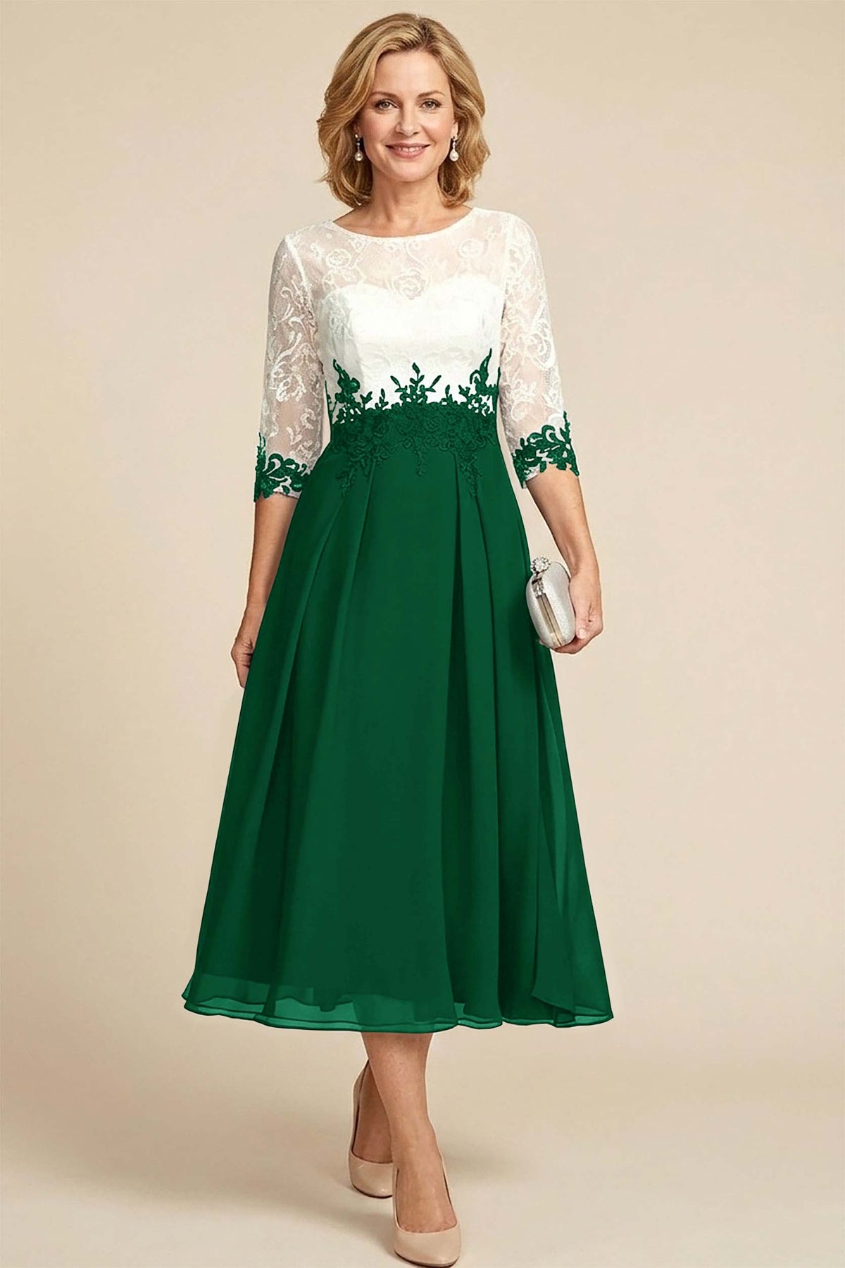 Navy Blue 3/4 Sleeve Two-Tone Lace Chiffon Mother Dresses