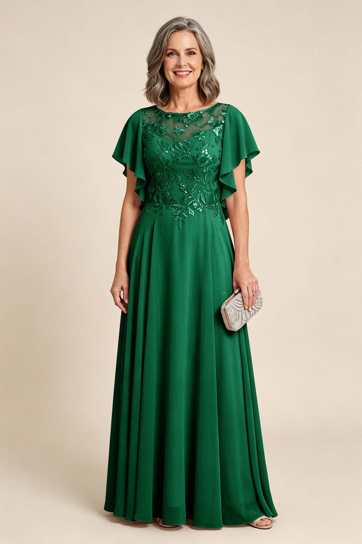 Lilac Scoop Neck Flutter Sleeve Lace Appliques Chiffon Mother Dresses