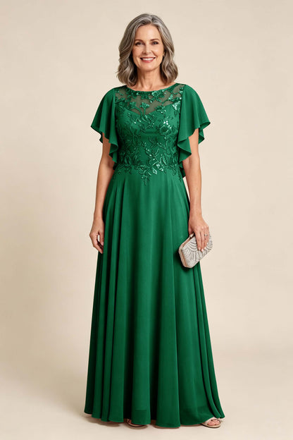 Lilac Scoop Neck Flutter Sleeve Lace Appliques Chiffon Mother Dresses