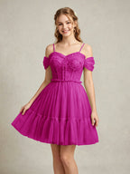 Cold Shoulder Lilac Tulle Dresses with Corset Bodice and Lace Appliques