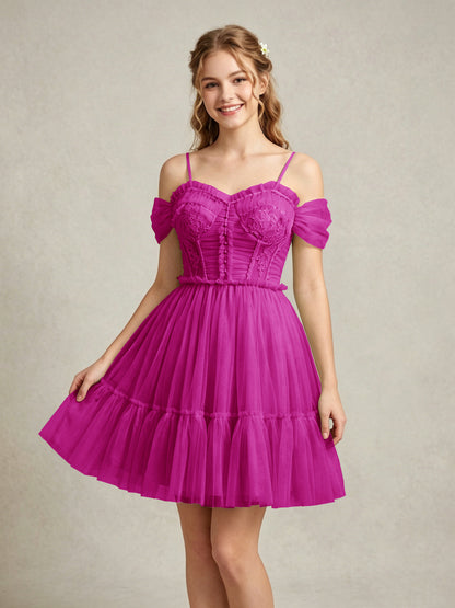 Cold Shoulder Lilac Tulle Dresses with Corset Bodice and Lace Appliques