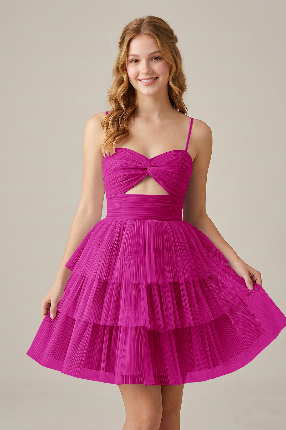 Olive Green Sleeveless Pleated Tulle Cutout Tiered Homecoming Dresses