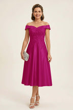 Peach Pink Off Shoulder Imitation Stretch Satin Tea-Length Mother Dresses