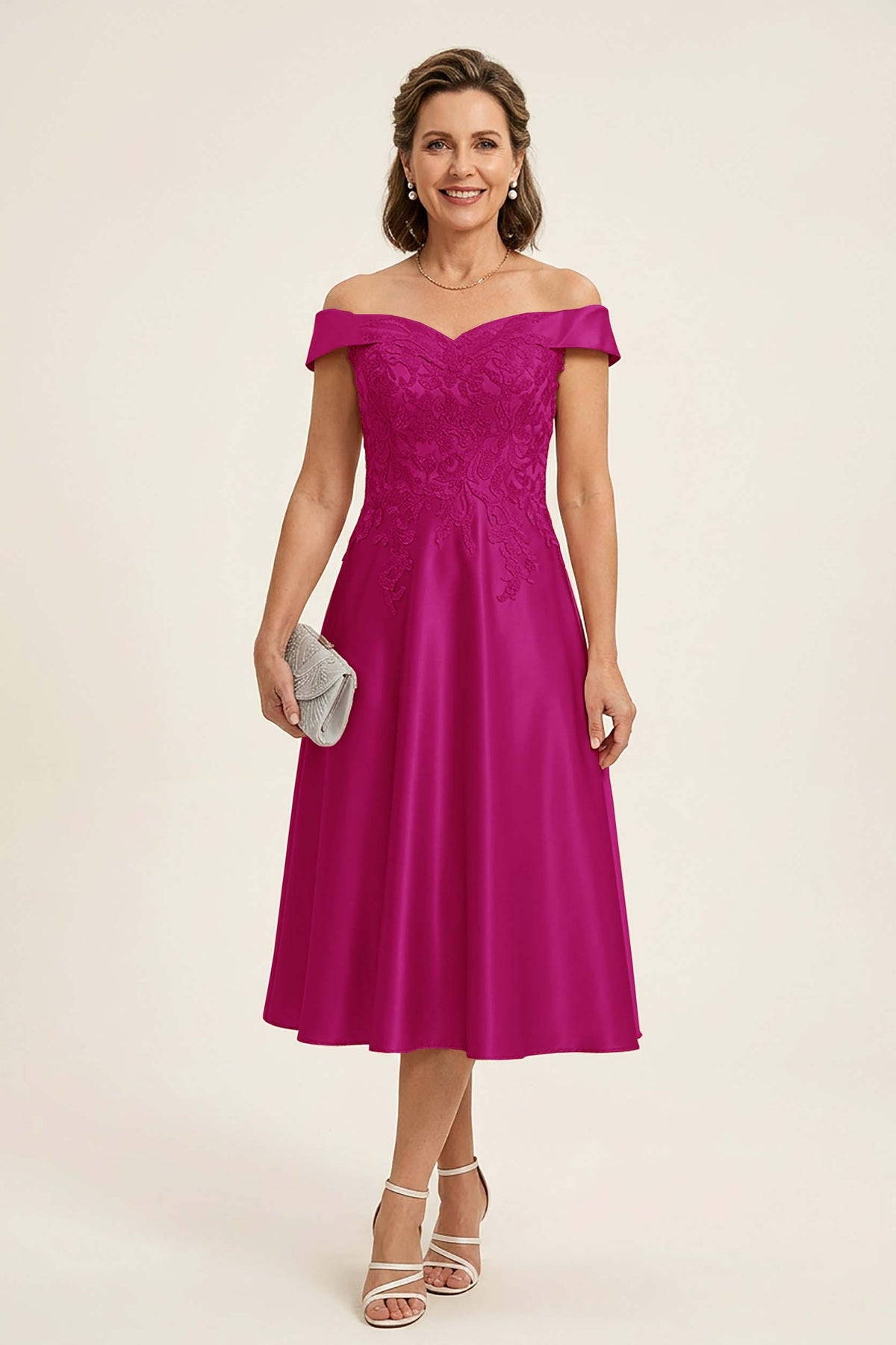 Peach Pink Off Shoulder Imitation Stretch Satin Tea-Length Mother Dresses