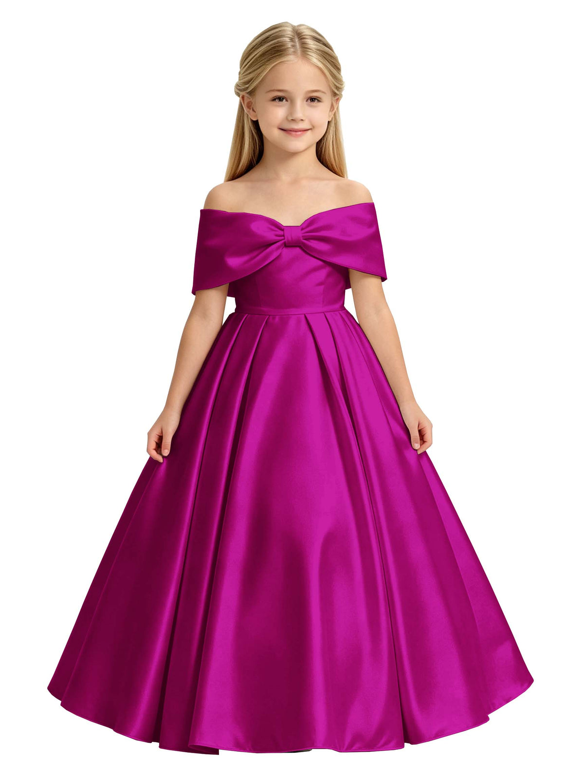 Off-the-Shoulder Satin Ball Gown Flower Girl Dress with Big Back Bow