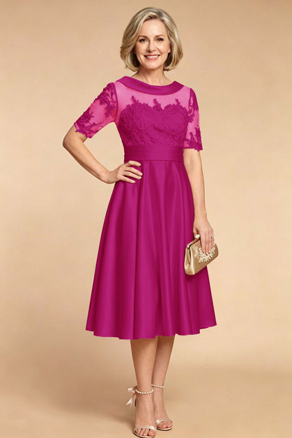 Champagne Imitation Stretch Satin Elbow Sleeve Tea-Length Mother Dresses