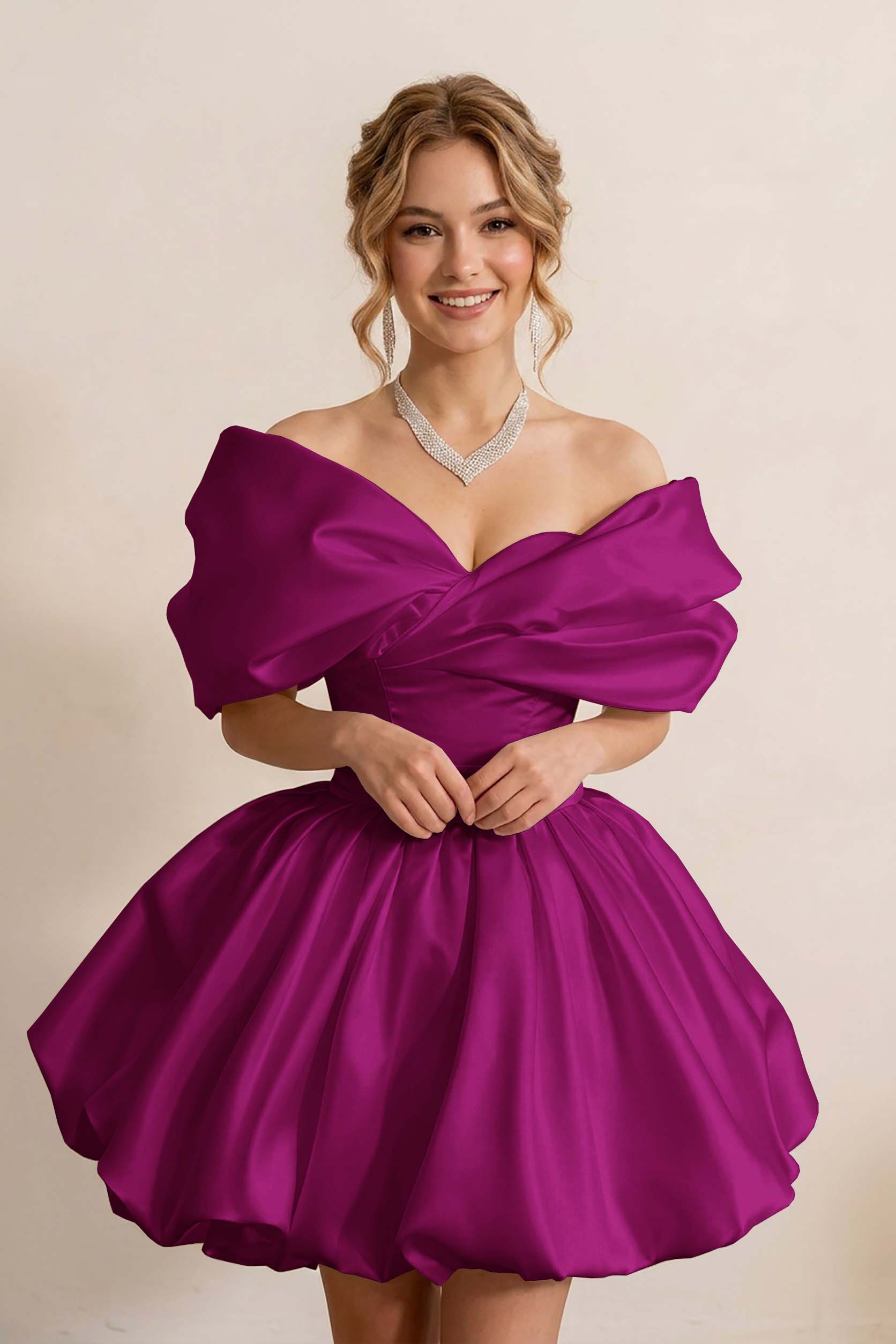 Ivory Off-the-Shoulder Bubble Hem Satin Homecoming Dresses