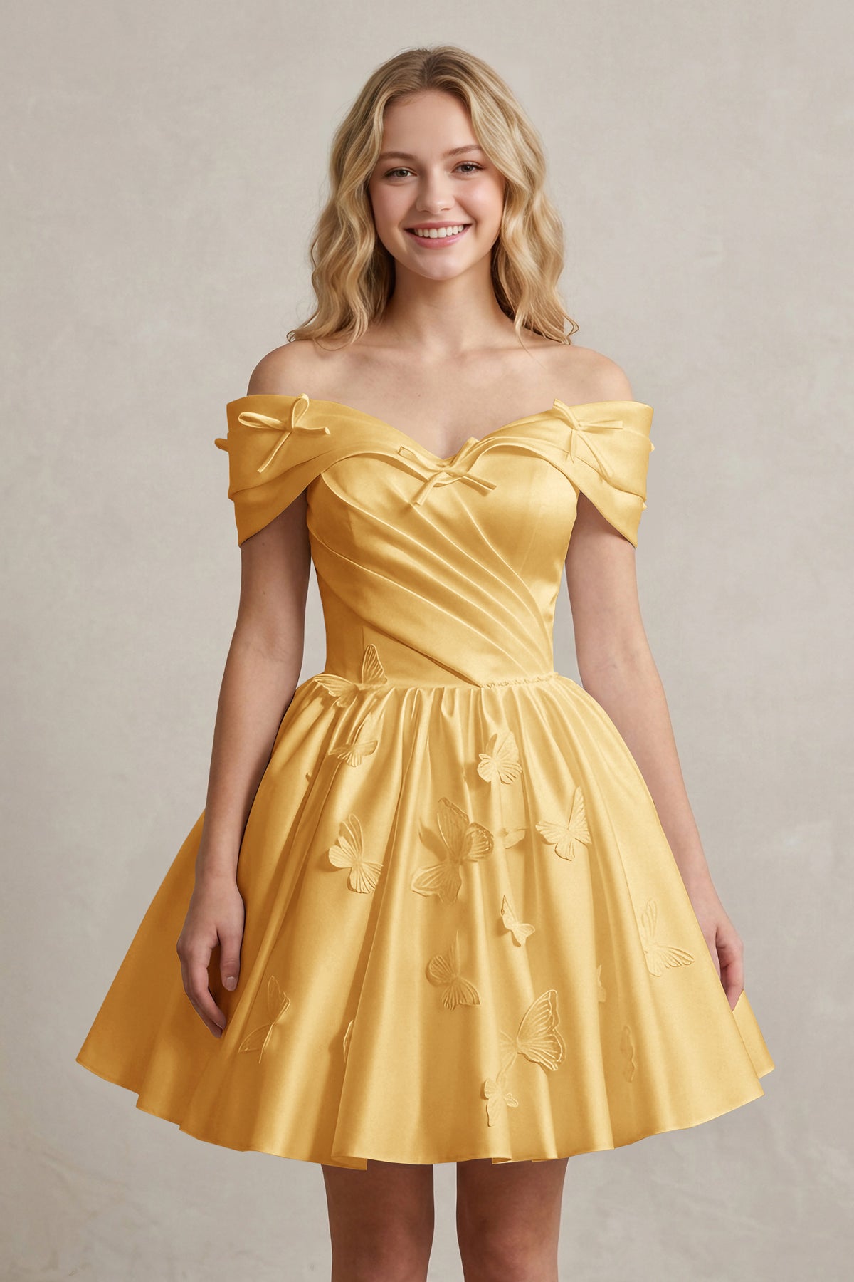 A Line Off Shoulder Ivory Satin Short Homecoming Dresses