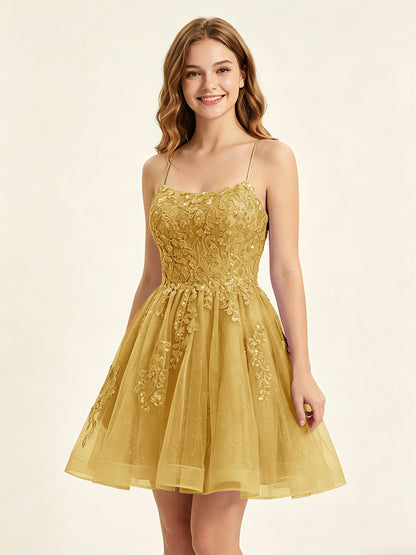A Line Sequins Lilac Tulle Homecoming Dresses with Appliques